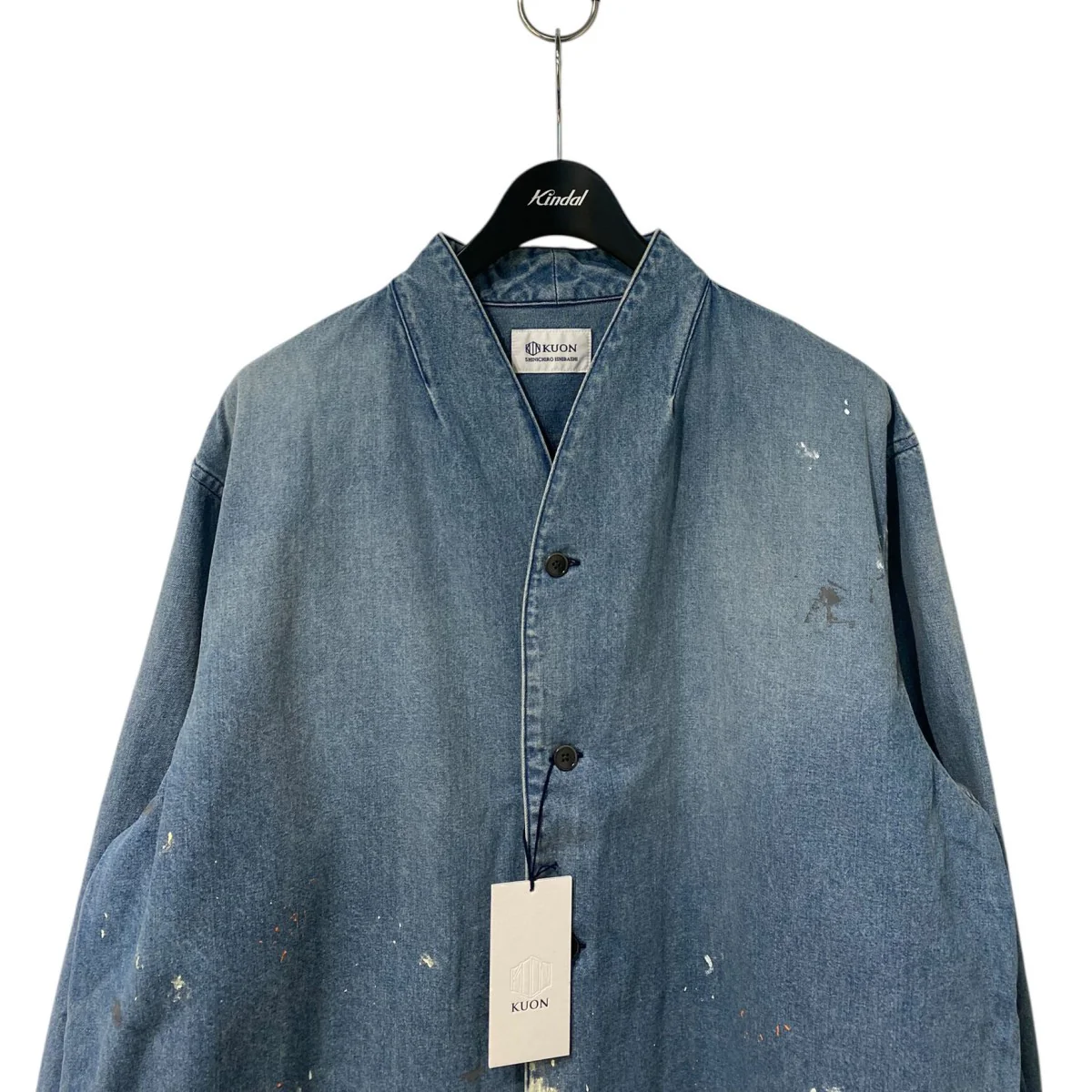 Denim Kimono Collar Cropped Jacket Paint-Splatteredペイントスプレー加工デニム着物キモノカラージャケット - Image 4