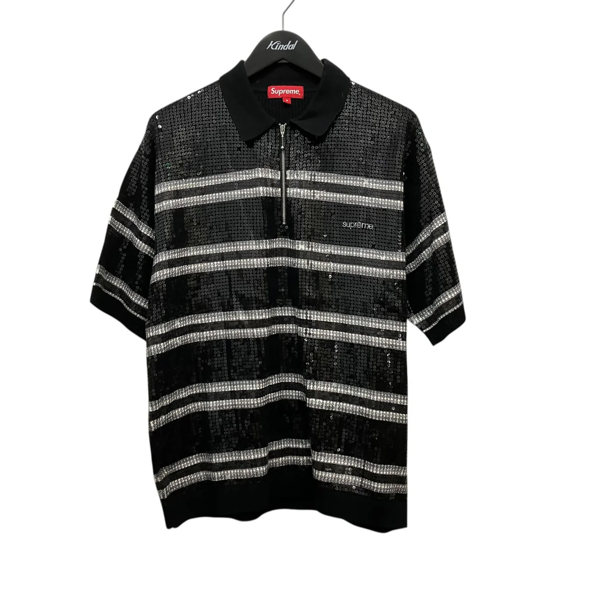 22SSSequin Stripe Zip Poloハーフジップスパンコール半袖ポロシャツ
